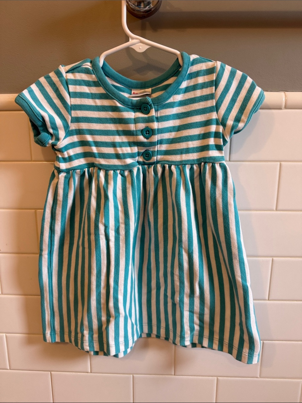 Hanna Andersson Striped Teal and White Baby Dress with Button Front 18-24 months